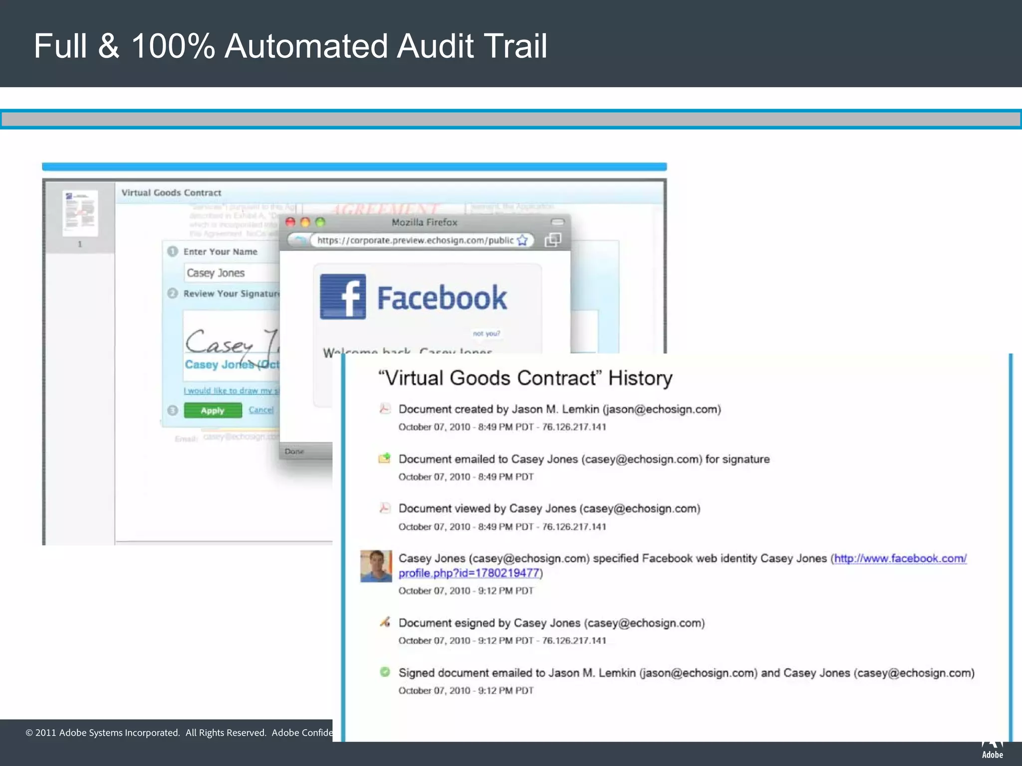 Full & 100% Automated Audit Trail




© 2011 Adobe Systems Incorporated. All Rights Reserved. Adobe Confidential.
 