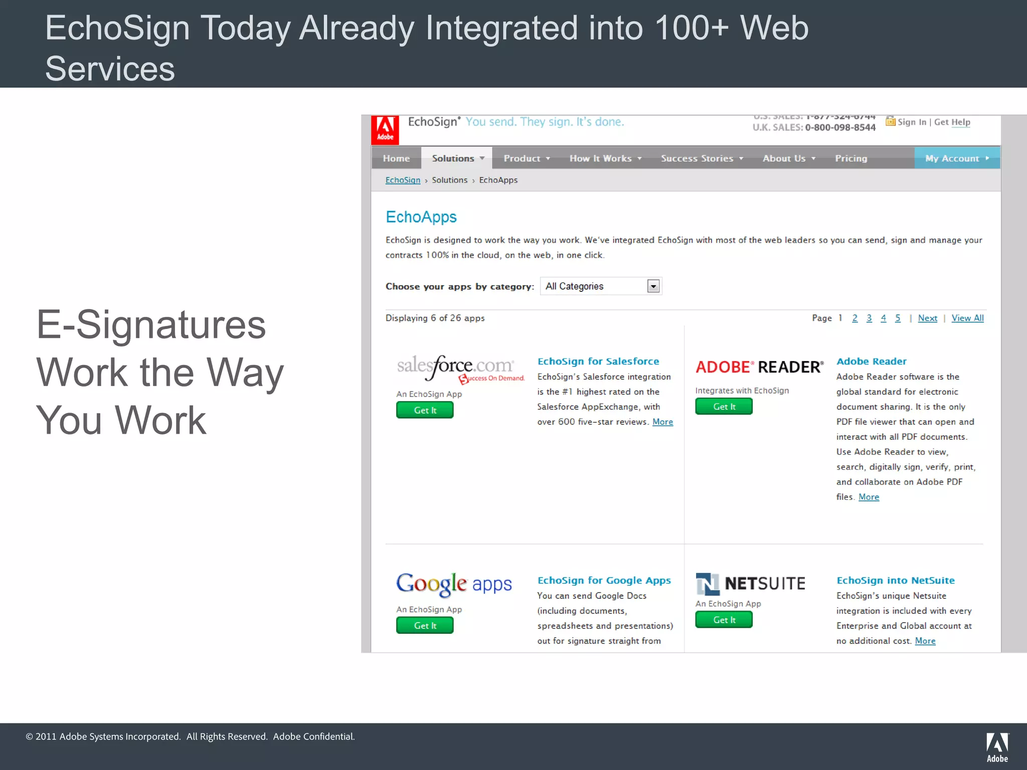EchoSign Today Already Integrated into 100+ Web
    Services




  E-Signatures
  Work the Way
  You Work




© 2011 Adobe Systems Incorporated. All Rights Reserved. Adobe Confidential.
 