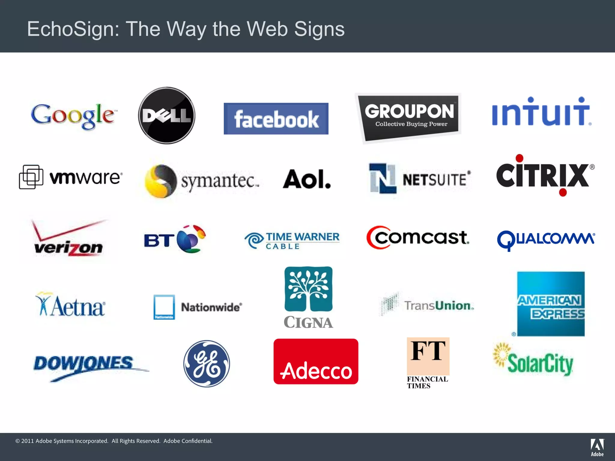 EchoSign: The Way the Web Signs




© 2011 Adobe Systems Incorporated. All Rights Reserved. Adobe Confidential.
 