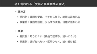 よく言われる「受託と事業会社の違い」
• 進め方
• 受託側：課題を受け、イチから作り、納期に追われる
• 事業側：課題を設定、少しずつ改善、目標に追われる 
• 成果
• 受託側：知りにくい（納品で区切り、追いにくい）
• 事業側：逃げられない（区切りなく、追い続ける）
 