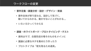 ワークフローの変更
• 要件定義→調査分析→設計→デザイン→実装
• 要件自体が移り変わる、設計して気づく、 
動いてからわかる、動かせないことがわかる…
• いろいろひっくりかえる 
• 調査→ホワイトボード→プロトタイピング→テスト
• 資料はサブ、合意形成の場そのものをメインに
• 議論に必要なネタを集めたり作ったり
• プロトタイプは「舵を取るため道具」
 