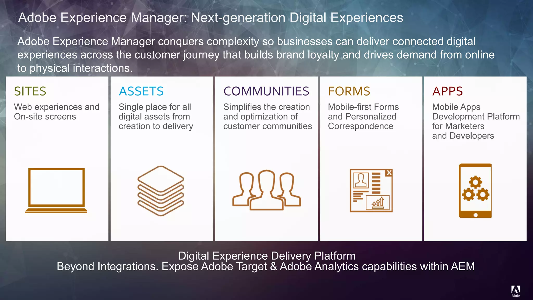 © 2014 Adobe Systems Incorporated. All Rights Reserved. Adobe Confidential.
Adobe Experience Manager: Next-generation Digital Experiences
SITES
Web experiences and
On-site screens
ASSETS
Single place for all
digital assets from
creation to delivery
COMMUNITIES
Simplifies the creation
and optimization of
customer communities
FORMS
Mobile-first Forms
and Personalized
Correspondence
APPS
Mobile Apps
Development Platform
for Marketers
and Developers
Digital Experience Delivery Platform
Beyond Integrations. Expose Adobe Target & Adobe Analytics capabilities within AEM
Adobe Experience Manager conquers complexity so businesses can deliver connected digital
experiences across the customer journey that builds brand loyalty and drives demand from online
to physical interactions.
 