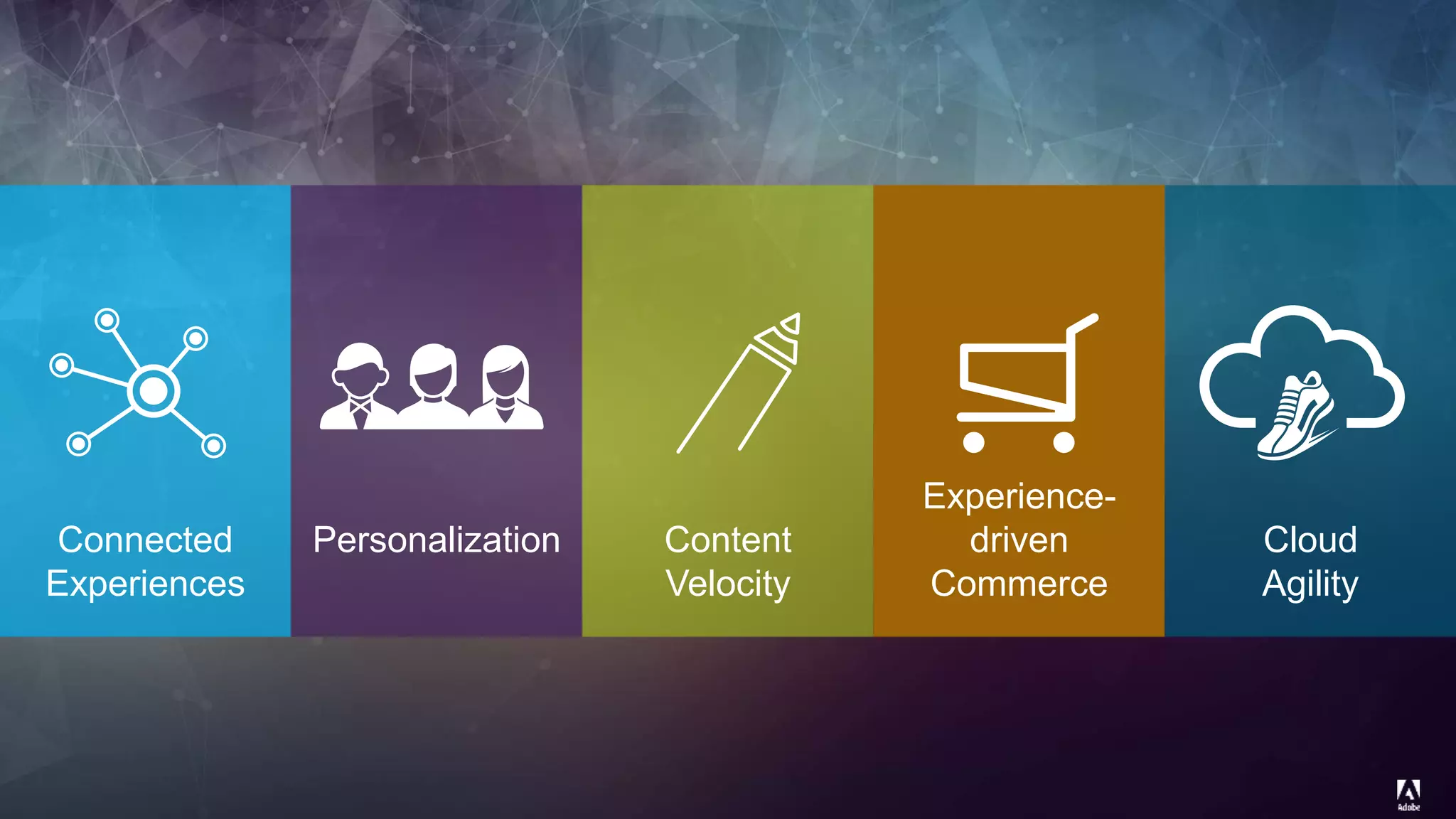 © 2014 Adobe Systems Incorporated. All Rights Reserved. Adobe Confidential.
Connected
Experiences
Personalization Content
Velocity
Experience-
driven
Commerce
Cloud
Agility
 