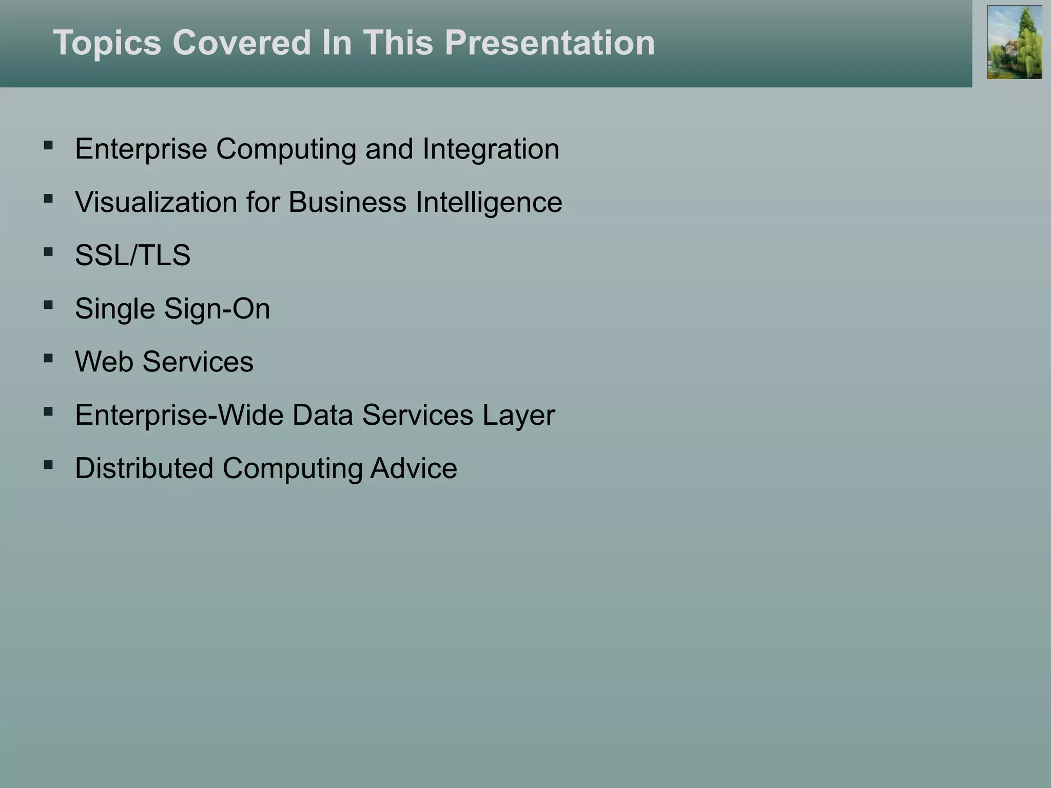 Topics Covered In This Presentation
 Enterprise Computing and Integration
 Visualization for Business Intelligence
 SSL/TLS
 Single Sign-On
 Web Services
 Enterprise-Wide Data Services Layer
 Distributed Computing Advice
 