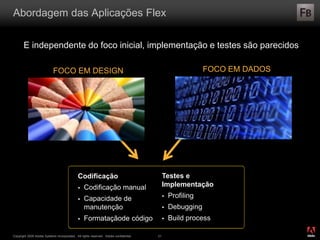 ®
Copyright 2009 Adobe Systems Incorporated. All rights reserved. Adobe confidential. 21
Abordagem das Aplicações Flex
E independente do foco inicial, implementação e testes são parecidos
Codificação
 Codificação manual
 Capacidade de
manutenção
 Formataçãode código
Testes e
Implementação
 Profiling
 Debugging
 Build process
FOCO EM DESIGN FOCO EM DADOS
 