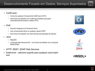 ®
Copyright 2009 Adobe Systems Incorporated. All rights reserved. Adobe confidential. 25
Desenvolvimento Focado em Dados: Serviços Suportados
 ColdFusion
 Consuma qualquer Componente ColdFusion (CFC)
 Novo fluxo de trabalho com ColdFusion Builder para gerar
automaticamente acesso a dados CFCs
 PHP
 Suporte integrado ao Framework Zend
 Use componentes Zend ou qualquer classe PHP5
 Novo fluxo de trabalho com Zend Studio para geração de classes
 Java
 BlazeDS
 LiveCycle Data Services ES – novo fluxo de trabalho com LiveCycle
Model Editor
 HTTP, REST, SOAP Web Services
 Extensível – adicione suporte para qualquer outro back-
end
<WSDL>
 