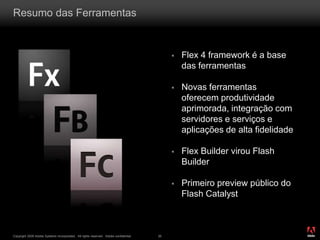 ®
Copyright 2009 Adobe Systems Incorporated. All rights reserved. Adobe confidential. 26
Resumo das Ferramentas
 Flex 4 framework é a base
das ferramentas
 Novas ferramentas
oferecem produtividade
aprimorada, integração com
servidores e serviços e
aplicações de alta fidelidade
 Flex Builder virou Flash
Builder
 Primeiro preview público do
Flash Catalyst
 