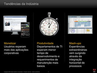 ®
Copyright 2009 Adobe Systems Incorporated. All rights reserved. Adobe confidential. 6
Tendências da Indústria
Monetizar
Usuários esperam
mais das aplicações
corporativas
Produtividade
Departamentos de TI
esperam menor
tempo de
desenvolvimento e
requerimentos de
manutenção mais
baixos
Mash-ups
Experiências
extraordinárias
vem surgindo
através da
integração
horizontal de
processos
 