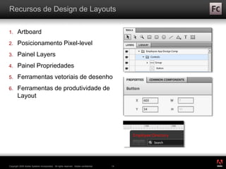 ®
Copyright 2009 Adobe Systems Incorporated. All rights reserved. Adobe confidential. 14
Recursos de Design de Layouts
1. Artboard
2. Posicionamento Pixel-level
3. Painel Layers
4. Painel Propriedades
5. Ferramentas vetoriais de desenho
6. Ferramentas de produtividade de
Layout
 