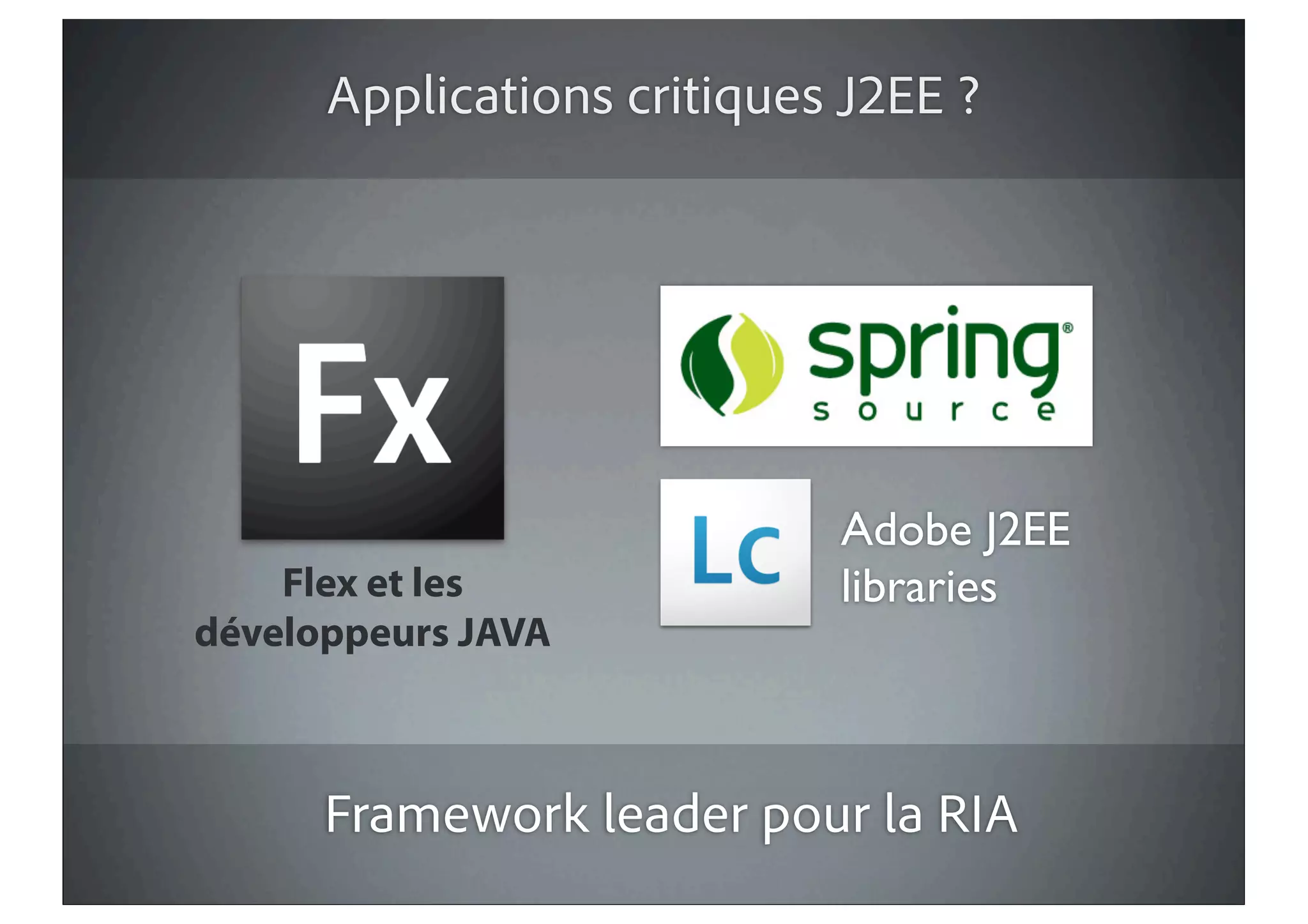 Applications critiques J2EE ?




                            Adobe J2EE
    Flex et les             libraries
développeurs JAVA



      Framework leader pour la RIA
 