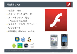 Flash Player

       普及率：98%
       最新バージョンは Ver10.1
       スマートフォンに対応
            Androidは Ver2.2以降
       マルチタッチ＆ジェスチャー
       GPUサポート
       DRM対応（Flash Access 2.0）




© 2010 Adobe Systems Incorporated. All Rights Reserved. Adobe Confidential.
 