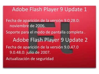 Adobe Flash Player 9 Update 1
Fecha de aparición de la versión 9.0.28.0:
  noviembre de 2006.
Soporte para el modo de pantalla completa .
   Adobe Flash Player 9 Update 2
Fecha de aparición de la versión 9.0.47.0
  9.0.48.0: julio de 2007.
Actualización de seguridad
 