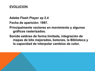 EVOLUCION
Adobe Flash Player xp 2.4
Fecha de aparición: 1997.
Principalmente vectores en movimiento y algunos
gráficos rasterizados.
Sonido estéreo de forma limitada, integración de
mapas de bits mejorados, botones, la Biblioteca y
la capacidad de interpolar cambios de color.
 