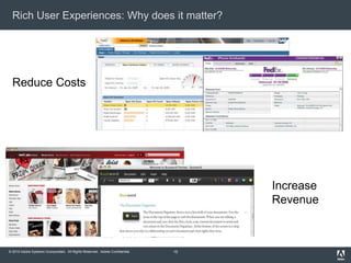 © 2010 Adobe Systems Incorporated. All Rights Reserved. Adobe Confidential.
Rich User Experiences: Why does it matter?
Reduce Costs
15
Increase
Revenue
 