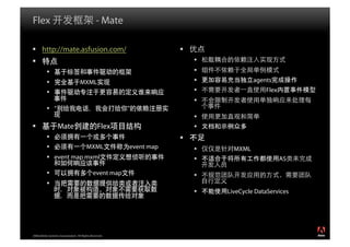 Flex                                            - Mate

  http://mate.asfusion.com/                                          
                                                                          
                                                                          
                                   MXML                                                   agents
                                                                                              Flex
                                                                           
            “                                           ”
                                                                           
                 Mate                           Flex                               众
                                                                     
                                       MXML             event map                  MXML
            event map mxml                                                   适                       AS

                                            event map                     
           
                                                                                  LiveCycle DataServices




2008 Adobe Systems Incorporated. All Rights Reserved.
 