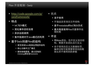 Flex                                            - Swiz


  http://code.google.com/p/                                          
   swizframework/                                                          
                                                                          
            IoC DI                                                            metadata IoC DI
                                                                                     Flex
           
                                                       Java          
                                                                              Mate
                       Swiz                            Flex
                                             Swiz
                                                                           
                    
                    
                        metatag                           Autowire



2008 Adobe Systems Incorporated. All Rights Reserved.
 