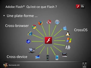 Adobe Flash®Qu’est-ce que Flash ?	Repose sur l’ActionscriptLangage basé sur ECMA Script (ECMA-262 edition3)à l’instar de Javascript et JscriptLangage Objet (depuis la version 3 en 2006)Exécuté à partir du fichier SWF (ShockWave Flash)(prononcez "souiffe")Cible : applications RIA (Rich Interface Application)