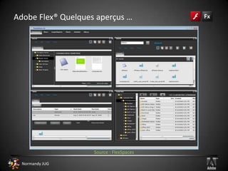 Adobe Flex® Un langage déclaratif (tags)MXML ("Magic" or "Macromedia" "eXtensibleMarkupLanguage")Langage basé sur XML (Macromedia en 2004)Façonner l’interface clientDéclarer les aspects non visuels de l’application (Data services…)Ecriture  "proche" de HTMLTags pour chaque élémentCapacité de créer ses propres tags pour des composants personnalisés