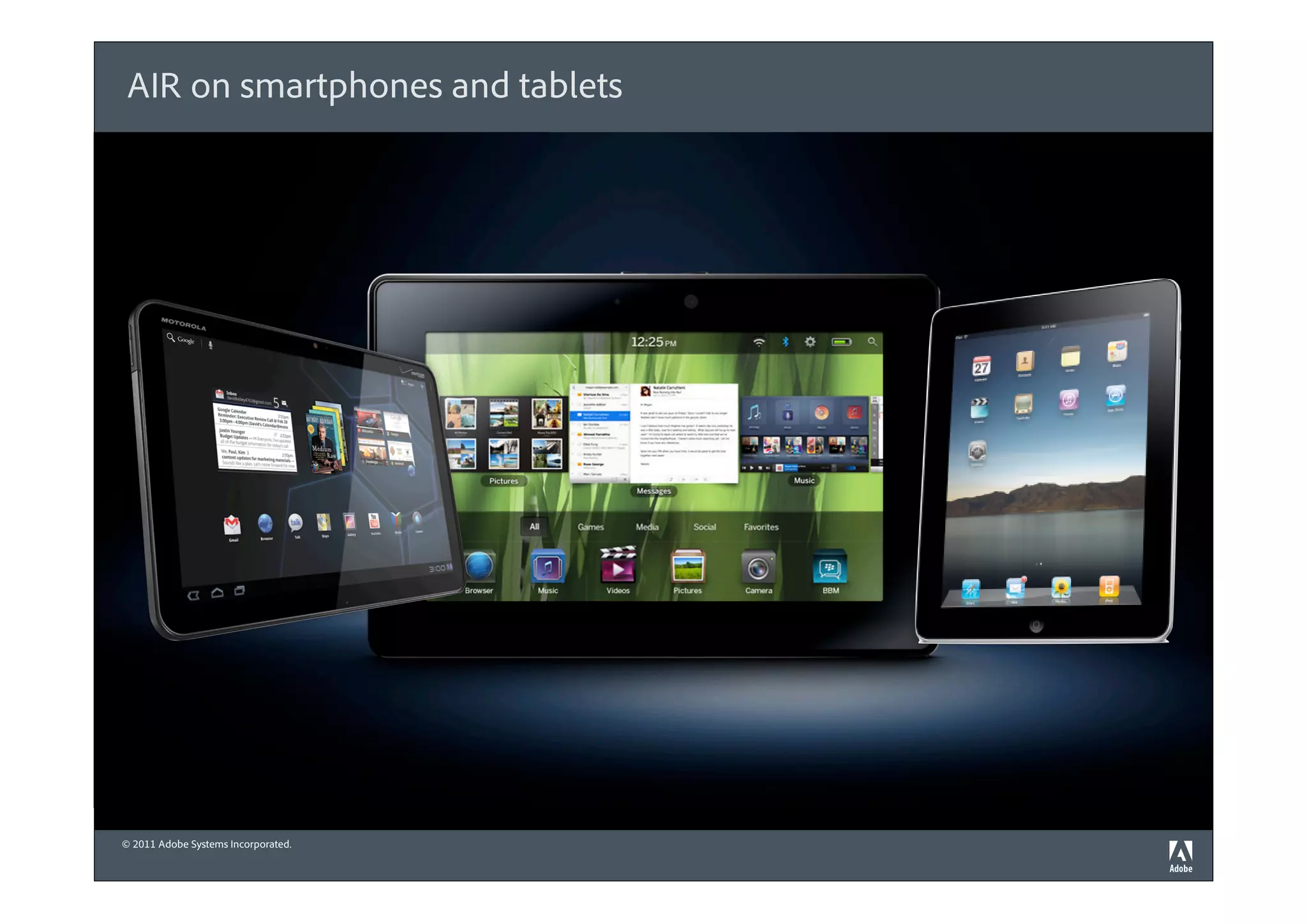 AIR on smartphones and tablets




© 2011 Adobe Systems Incorporated.
 