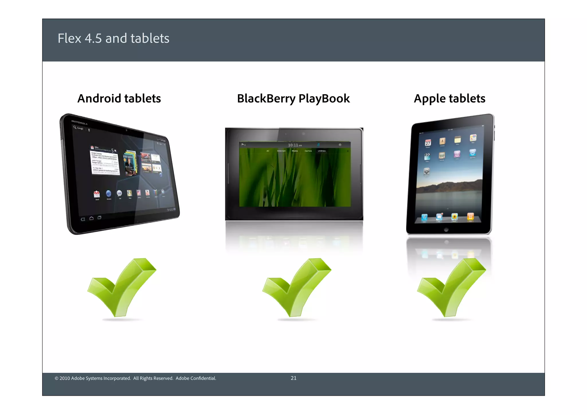 Flex 4.5 and tablets



          Android tablets                                                     BlackBerry PlayBook   Apple tablets




© 2010 Adobe Systems Incorporated. All Rights Reserved. Adobe Confidential.            21
 