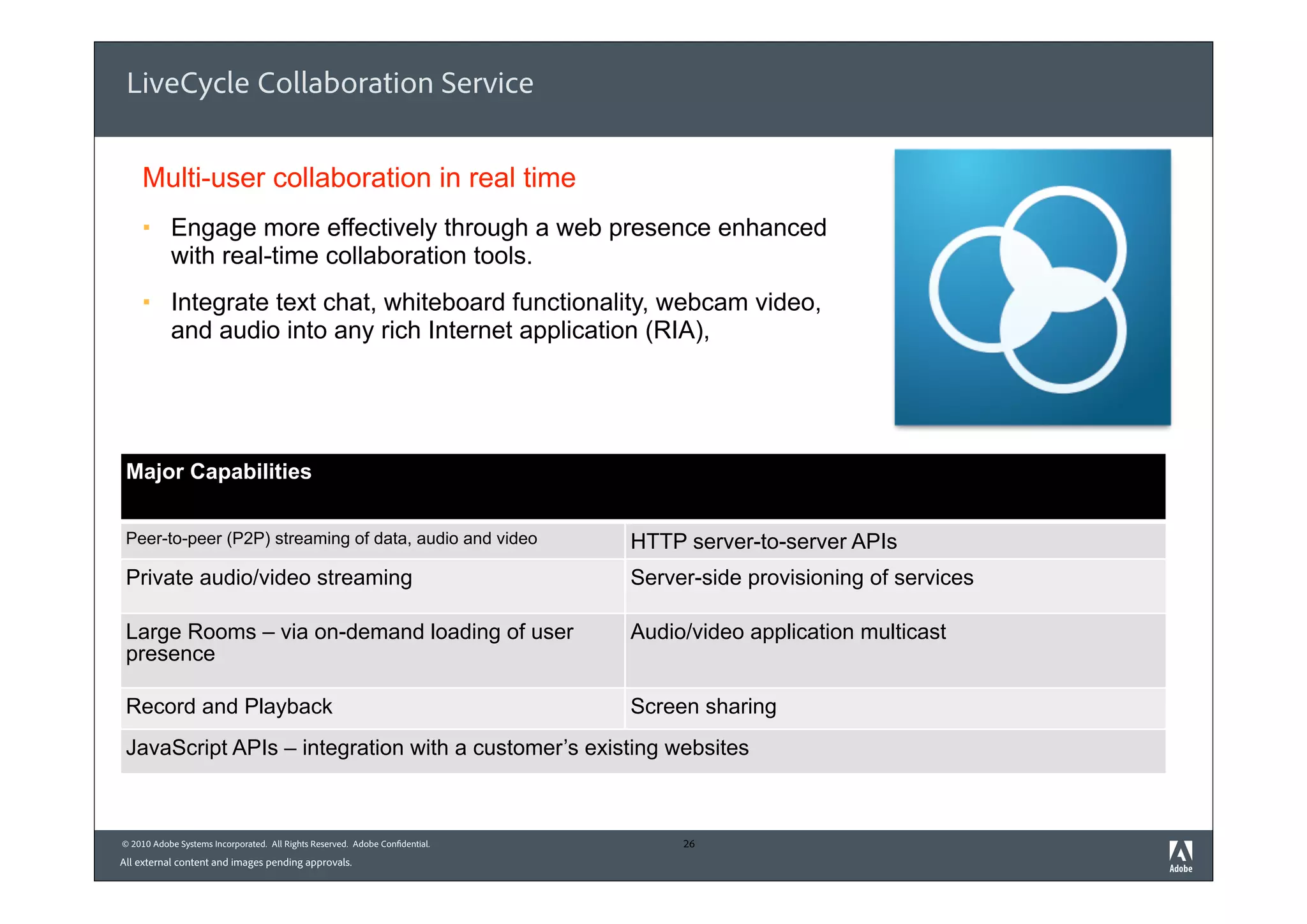 LiveCycle Collaboration Service


    Multi-user collaboration in real time
     §    Engage more effectively through a web presence enhanced
           with real-time collaboration tools.
     §    Integrate text chat, whiteboard functionality, webcam video,
           and audio into any rich Internet application (RIA),




 Major Capabilities


 Peer-to-peer (P2P) streaming of data, audio and video                        HTTP server-to-server APIs
 Private audio/video streaming                                                Server-side provisioning of services

 Large Rooms – via on-demand loading of user                                  Audio/video application multicast
 presence

 Record and Playback                                                          Screen sharing
 JavaScript APIs – integration with a customer’s exist
                                                     ting websites



© 2010 Adobe Systems Incorporated. All Rights Reserved. Adobe Confidential.        26
All external content and images pending approvals.
 
