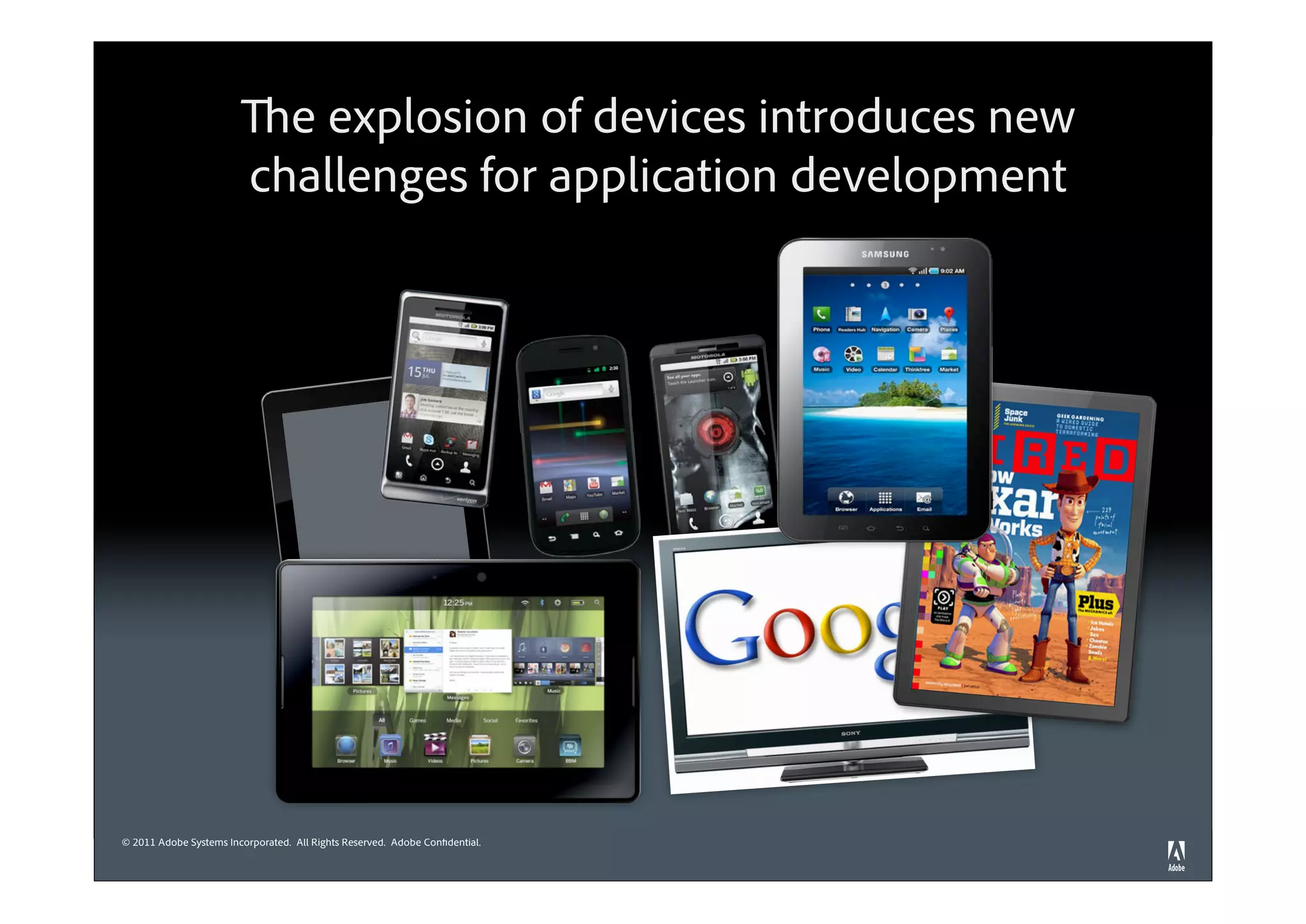 The explosion of devices introduces new
                        challenges for application development




© 2011 Adobe Systems Incorporated. All Rights Reserved. Adobe Confidential.
 