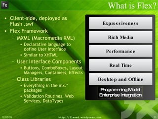 What is Flex? Client-side, deployed as Flash .swf Flex Framework MXML (Macromedia XML) Declarative language to define User Interface Similar to XHTML User Interface Components Buttons, ComboBoxes, Layout Managers, Containers, Effects Class Libraries Everything in the mx.* packages Validation Routines, Web Services, DataTypes Expressiveness Rich Media Performance Real Time Desktop and Offline Programming Model Enterprise Integration 