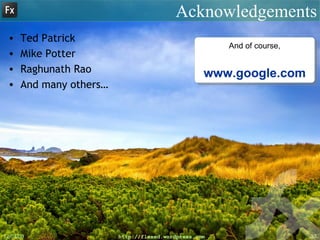 Acknowledgements Ted Patrick Mike Potter Raghunath Rao And many others… And of course, www.google.com 