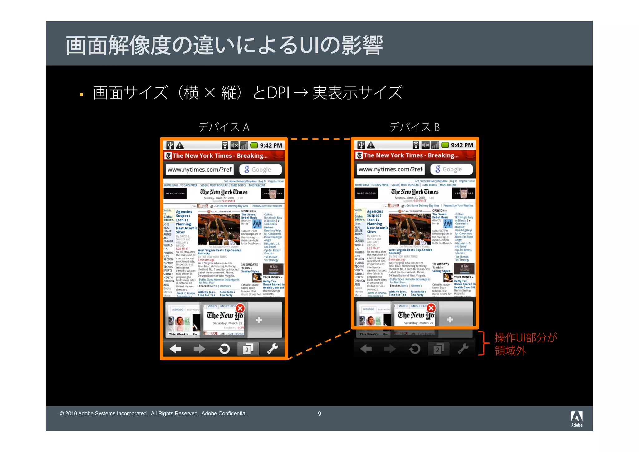 画面解像度の違いによるUIの影響

             画面サイズ（横 × 縦）とDPI → 実表示サイズ

                                                      デバイス A                      デバイス B




                                                                                           操作UI部分が
                                                                                           領域外




© 2010 Adobe Systems Incorporated. All Rights Reserved. Adobe Confidential.   9
 