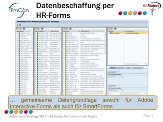 Datenbeschaffung per
                 HR-Forms




… gemeinsame Datengrundlage sowohl                           für   Adobe
Interactive Forms als auch für SmartForms
AdManus Praxistage 2011 – A4 Adobe Formulare in der Praxis          Folie 10
 