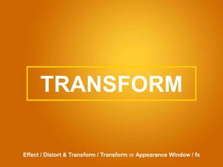 TRANSFORM
Effect / Distort & Transform / Transform or Appearance Window / fx
 