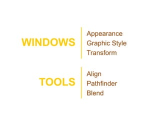Appearance
Graphic Style
Transform
WINDOWS
Align
Pathfinder
Blend
TOOLS
 