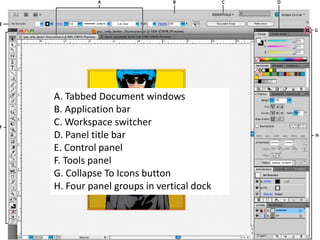 A. Tabbed Document windows B. Application bar C. Workspace switcher D. Panel title bar E. Control panel F. Tools panel G. Collapse To Icons button H. Four panel groups in vertical dock  