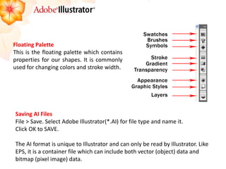 Saving AI Files 
File > Save. Select Adobe Illustrator(*.AI) for file type and name it. 
Click OK to SAVE. 
The AI format is unique to Illustrator and can only be read by Illustrator. Like EPS, it is a container file which can include both vector (object) data and bitmap (pixel image) data. 
Floating Palette 
This is the floating palette which contains properties for our shapes. It is commonly used for changing colors and stroke width.  