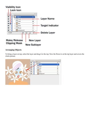 Arranging Objects 
To bring a layer on top, select the layer and drag it to the top. Now the flower is at the top layer and covers the whole picture. 
 