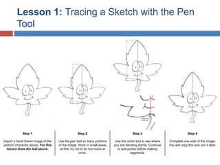 Lesson 1: Tracing a Sketch with the Pen
Tool

Step 1

Step 2

Step 3

Step 4

Import a hand drawn image of the
cartoon character above. For this
lesson draw the leaf above.

Use the pen tool an trace portions
of the image. Work in small areas
at first, try not to do too much at
once.

Use the zoom tool to see where
you are bending points. Continue
to add points before making
segments.

Complete one side of the image.
You will copy this and join it later.

 