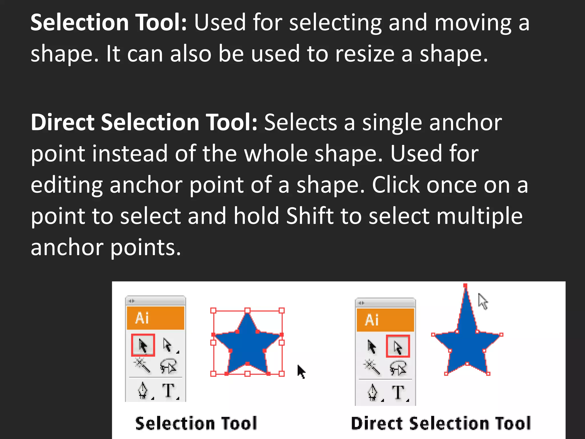 Selection Tool: Used for selecting and moving a
shape. It can also be used to resize a shape.
Direct Selection Tool: Selects a single anchor
point instead of the whole shape. Used for
editing anchor point of a shape. Click once on a
point to select and hold Shift to select multiple
anchor points.
 