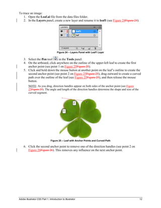 Adobe Illustrator CS5 Part 1: Introduction to Illustrator 12
To trace an image:
1. Open the Leaf.ai file from the data files folder.
2. In the Layers panel, create a new layer and rename it to leaf1 (see Figure 24Figure 24).
Figure 24 – Layers Panel with Leaf1 Layer
3. Select the Pen tool in the Tools panel.
4. On the artboard, click anywhere on the outline of the upper-left leaf to create the first
anchor point (see point 1 on Figure 25Figure 25).
5. Click and hold down the mouse button at another point on the leaf’s outline to create the
second anchor point (see point 2 on Figure 25Figure 25), drag outward to create a curved
path over the outline of the leaf (see Figure 25Figure 25), and then release the mouse
button.
NOTE: As you drag, direction handles appear on both sides of the anchor point (see Figure
25Figure 25). The angle and length of the direction handles determine the shape and size of the
curved segment.
Figure 25 – Leaf with Anchor Points and Curved Path
6. Click the second anchor point to remove one of the direction handles (see point 2 on
Figure 26Figure 26). This removes any influence on the next anchor point.
 