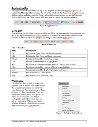 Adobe Illustrator CS5 Part 1: Introduction to Illustrator 3
Application Bar
The Application bar is located at the top of the program window (see Figure 2Figure 2). It
contains the Menu bar (depending on the size of the window), the Workspace Switcher menu,
the Search box, and other controls. At the right end of the Application bar are the Minimize,
Restore/Maximize, and Close buttons which are used to control the program window.
Figure 2 – Application Bar
Menu Bar
Depending on the size of the program window, the Menu bar appears either below or at the left
end of the Application bar (see Figure 3Figure 3). It provides access to many of Illustrator's
powerful commands which are grouped according to function (see Table 1Table 1).
Figure 3 – Menu Bar
Table 1 – Menu Bar
Menu Description
File Includes the Open, Save, and Print commands.
Edit Includes the Cut, Copy, and Paste commands.
Object Includes command for controlling objects.
Type Includes command related to typography.
Select Includes selection commands such as All, Deselect, and Reselect.
Effect Includes command for creating different types of effects.
View Includes command for displaying the grid and rulers.
Window Provides access to all the panels.
Help Provides access to Illustrator Help.
Workspace
The Illustrator interface includes various
elements such as panels, bars, and windows
that you can use to create and manipulate
your documents. Any arrangement of these
elements is called a workspace. You can
select from several preset workspaces or
create one of your own. The default
workspace is called Essentials. You can
quickly switch to a different workspace
using the Workspace Switcher menu on the
Application bar (see Figure 4Figure 4).
Figure 4 – Workspace Switcher Menu
 