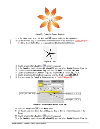 Adobe Illustrator CS5 Part 2: Vector Graphic Effects 11
Figure 27 – Petals with Rotated Gradients
12. In the Tools panel, select the Star tool hidden under the Rectangle tool.
13. On the artboard, drag to create a thin star in the center of the flower (see Figure 28Figure
28). Hold down the Ctrl key as you drag to modify the shape of the star.
Figure 28 – Star
14. Double-click the Gradient tool in the Tools panel.
15. In the Gradient panel, click the Gradient Fill box, and select Radial from the Type list.
16. Double-click the left Gradient Stop, and enter the RGB values 255, 247, 169.
17. Double-click the center Gradient Stop, and enter the RGB values 255, 241, 0.
18. Double-click the right Gradient Stop, and enter the RGB values 255, 215, 0.
19. Drag to position the Gradient Stops as shown in Figure 29Figure 29.
Figure 29 – Gradient Panel Settings for the Star
20. Select the Ellipse tool in the Tools panel.
21. On the artboard, hold down the Shift key and drag to draw a circle in the center of the
flower.
22. Double-click the Gradient tool in the Tools panel.
23. In the Gradient panel, click the Gradient Fill box, and select Radial from the Type list.
 