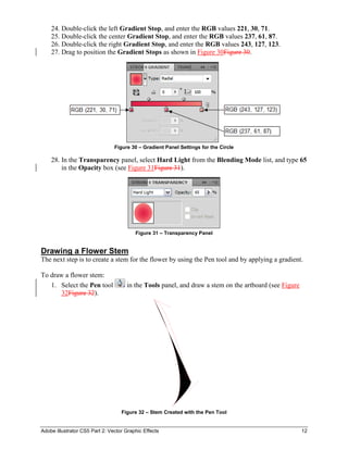 Adobe Illustrator CS5 Part 2: Vector Graphic Effects 12
24. Double-click the left Gradient Stop, and enter the RGB values 221, 30, 71.
25. Double-click the center Gradient Stop, and enter the RGB values 237, 61, 87.
26. Double-click the right Gradient Stop, and enter the RGB values 243, 127, 123.
27. Drag to position the Gradient Stops as shown in Figure 30Figure 30.
Figure 30 – Gradient Panel Settings for the Circle
28. In the Transparency panel, select Hard Light from the Blending Mode list, and type 65
in the Opacity box (see Figure 31Figure 31).
Figure 31 – Transparency Panel
Drawing a Flower Stem
The next step is to create a stem for the flower by using the Pen tool and by applying a gradient.
To draw a flower stem:
1. Select the Pen tool in the Tools panel, and draw a stem on the artboard (see Figure
32Figure 32).
Figure 32 – Stem Created with the Pen Tool
 