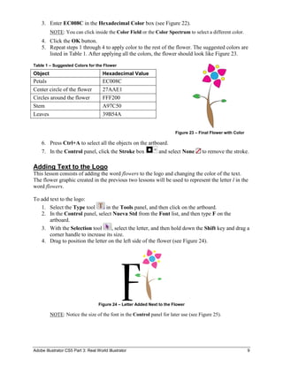 Adobe Illustrator CS5 Part 3: Real World Illustrator 9
3. Enter EC008C in the Hexadecimal Color box (see Figure 22).
NOTE: You can click inside the Color Field or the Color Spectrum to select a different color.
4. Click the OK button.
5. Repeat steps 1 through 4 to apply color to the rest of the flower. The suggested colors are
listed in Table 1. After applying all the colors, the flower should look like Figure 23.
Table 1 – Suggested Colors for the Flower
Object Hexadecimal Value
Petals EC008C
Center circle of the flower 27AAE1
Circles around the flower FFF200
Stem A97C50
Leaves 39B54A
Figure 23 – Final Flower with Color
6. Press Ctrl+A to select all the objects on the artboard.
7. In the Control panel, click the Stroke box and select None to remove the stroke.
Adding Text to the Logo
This lesson consists of adding the word flowers to the logo and changing the color of the text.
The flower graphic created in the previous two lessons will be used to represent the letter l in the
word flowers.
To add text to the logo:
1. Select the Type tool in the Tools panel, and then click on the artboard.
2. In the Control panel, select Nueva Std from the Font list, and then type F on the
artboard.
3. With the Selection tool , select the letter, and then hold down the Shift key and drag a
corner handle to increase its size.
4. Drag to position the letter on the left side of the flower (see Figure 24).
Figure 24 – Letter Added Next to the Flower
NOTE: Notice the size of the font in the Control panel for later use (see Figure 25).
 