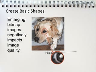 Create Basic Shapes
Bitmap image
Pixels
Enlarging
bitmap
images
negatively
impacts
image
quality.
 