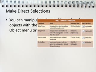 Make Direct Selections
• You can manipulate the stacking order of
objects with the Arrange commands on the
Object menu or these shortcut keys.
 