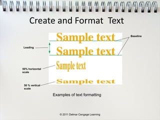 © 2011 Delmar Cengage Learning
Leading
Baseline
50% horizontal
scale
50 % vertical
scale
Examples of text formatting
Create and Format Text
 