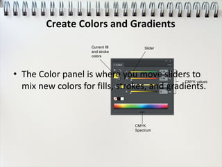 • The Color panel is where you move sliders to
mix new colors for fills, strokes, and gradients.
Current fill
and stroke
colors
CMYK
Spectrum
Slider
CMYK values
Create Colors and Gradients
 
