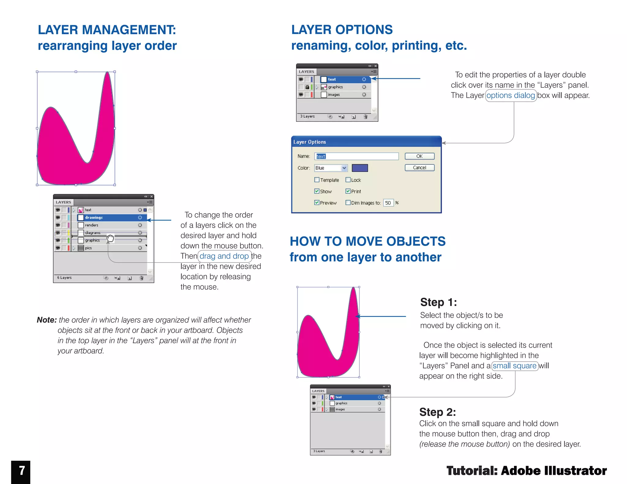 Tutorial : Adobe Illustrator
6
LAYER MANAGEMENT
Turns Layer visibility off and on
Locks Layer
Deletes selected layer
Creates a new layer
Indicates Layer color
Creates a new sublayer
Tofind the layers panel go to the
“window” menu and select “Layers”
Layer and sublayers are helpful when
you want to have a layer category for
example “text” but you still want to
differentiate between the different object
types used i.e. “text_titles” vs.
“text_general” . The master layer will
control all of its contained sub-layers.
Use your layer palate to help you organize
your artboard.
 