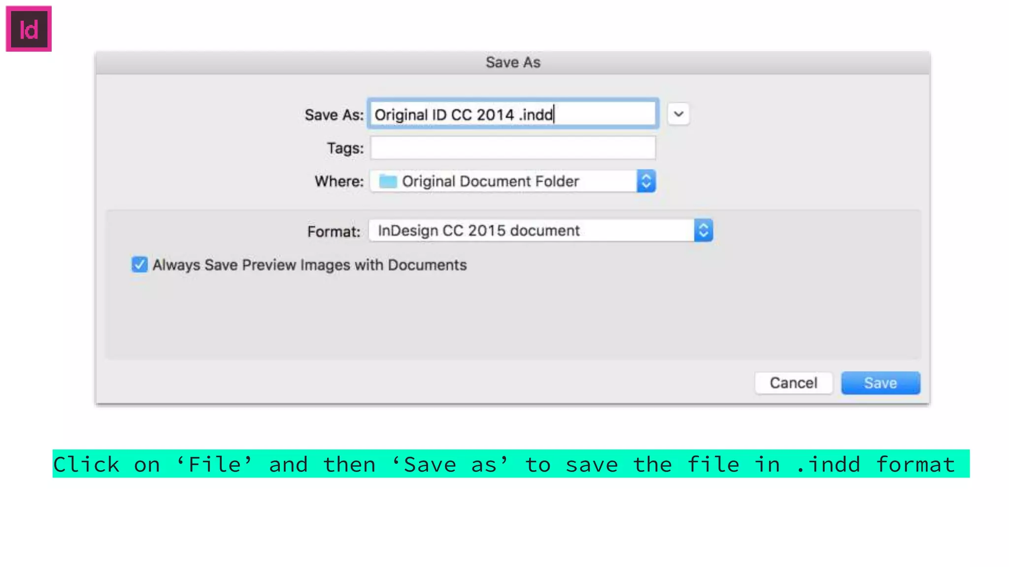 Click on ‘File’ and then ‘Save as’ to save the file in .indd format
 