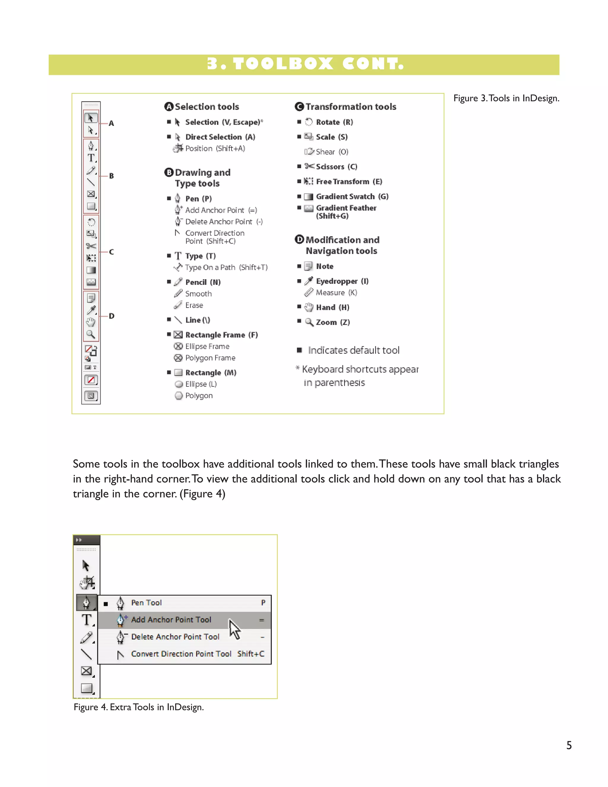 3. TOOLBOX CONT. 
5 
Figure 4. Extra Tools in InDesign. 
Some tools in the toolbox have additional tools linked to them. These tools have small black triangles in the right-hand corner. To view the additional tools click and hold down on any tool that has a black triangle in the corner. (Figure 4) 
Figure 3. Tools in InDesign.  