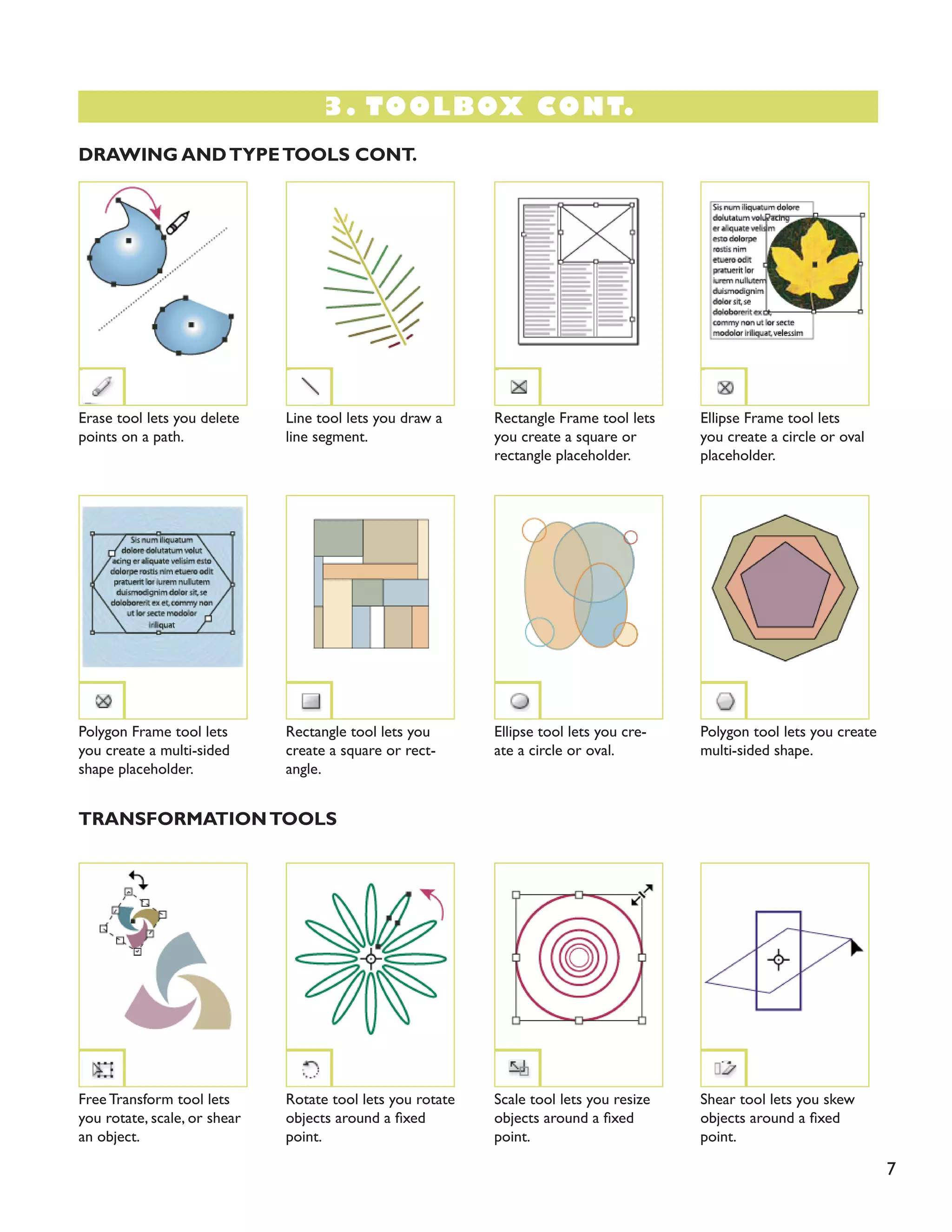 7 
DRAWING AND TYPE TOOLS CONT. 
TRANSFORMATION TOOLS 
Erase tool lets you delete points on a path. 
Polygon Frame tool lets you create a multi-sided shape placeholder. 
Free Transform tool lets you rotate, scale, or shear an object. 
Ellipse Frame tool lets you create a circle or oval placeholder. 
Polygon tool lets you create multi-sided shape. 
Shear tool lets you skew objects around a fixed point. 
Line tool lets you draw a line segment. 
Rectangle tool lets you create a square or rectangle. 
Rotate tool lets you rotate objects around a fixed point. 
Rectangle Frame tool lets you create a square or rectangle placeholder. 
Ellipse tool lets you create a circle or oval. 
Scale tool lets you resize objects around a fixed point. 
3. TOOLBOX CONT.  